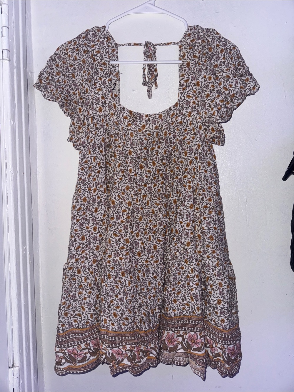 Aakaa Cream Floral Smocked Mini Dress with Brown & Pink Border women’s